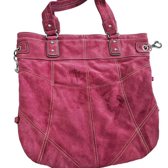 Red Suede Hype Large Tote Bag With Black Patterned Interior & Silver‎ Hardware - Picture 2 of 10